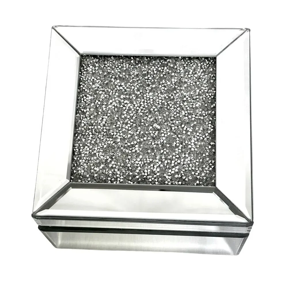 Mirrored Beveled Trinket Jewelry Box Sparkling Rhinestone Top-Velvet Lined